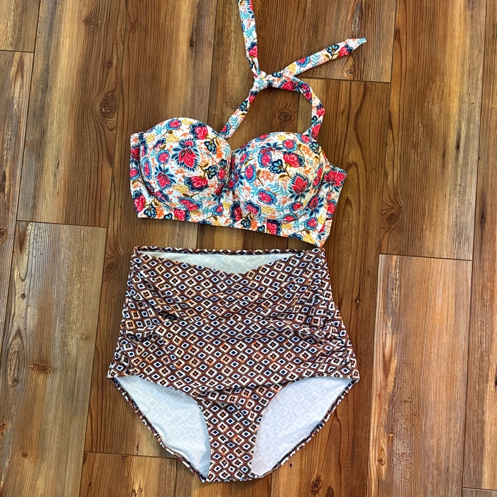 Vintage style Colorful Floral and Geometric high waisted- suit